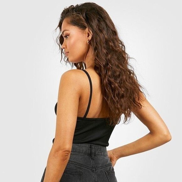 Simons Twik Black Ribbed Square Neck Crop Top Cami - Picture 2 of 4